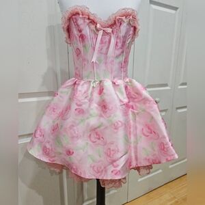 Dolls Kill Sugar Thrillz Forever Fancy Corset Pink Floral Rose Lace Mini Dress S